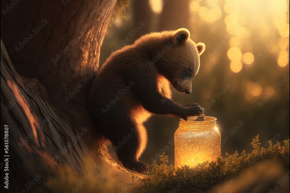 Poster a bear is standing on a tree branch and reaching for a jar of honey in the forest at sunset time, wi