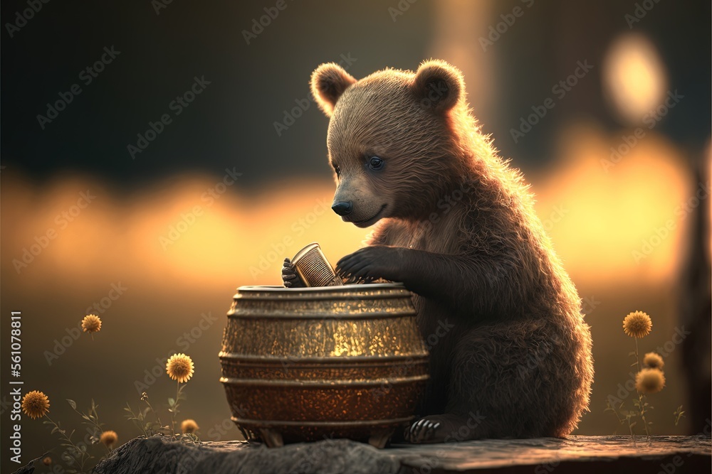 Poster a bear sitting on a wooden barrel with a jar of honey in it's lap and looking at the camera with a b