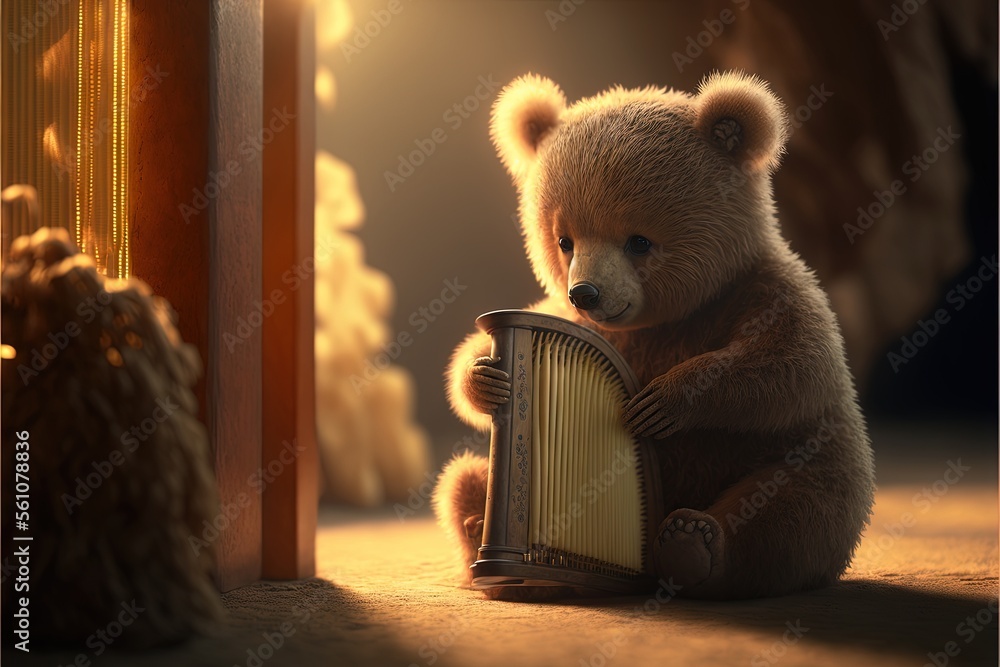 Poster a bear sitting on the floor holding a small accordion in its paws and looking at the camera with a l