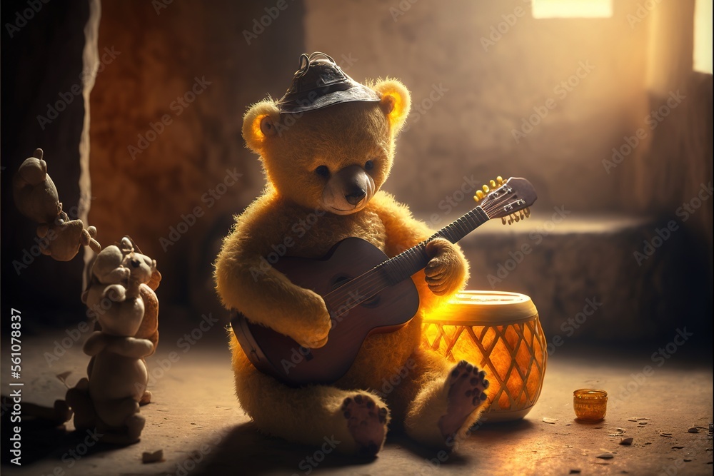 Poster a bear playing a guitar and a small bear figurine next to it on a table with a light shining on it a