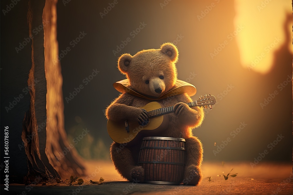 Wall mural  a  bear playing a guitar in a forest at sunset with a barrel of wine in front of him and a tree in the background with a light shining on the ground, and a.  generative