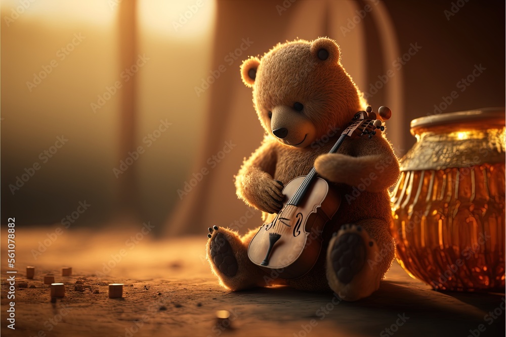Poster a bear playing a violin in front of a honey jar and honey jar on the floor with a honey jar in the b