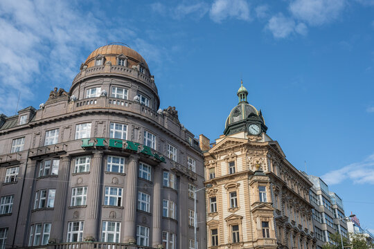 Ligna Palace Building and Stybl house (Stybluv dum) at Wenceslas Square - Prague, Czech Republic