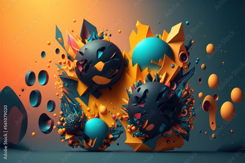 Poster a colorful abstract background with a bunch of balls and shapes in the middle of it, with a blue and