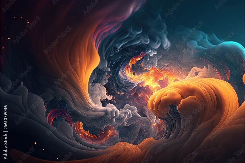 Poster a computer generated image of a colorful wave of fire and water with a black background and a blue s