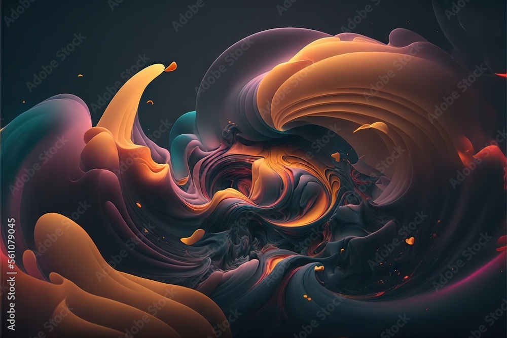 Poster a computer generated image of a wave of liquid and liquid bubbles in orange, blue, and pink colors w