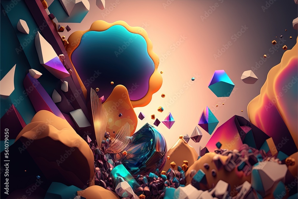 Poster a computer generated image of a colorful landscape with rocks and a bird flying over it, with a blue