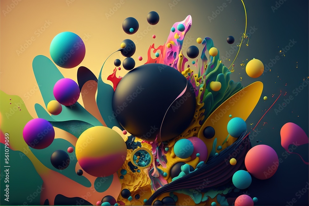 Aufkleber a colorful abstract painting with a lot of bubbles and shapes on it's surface and a black ball in th