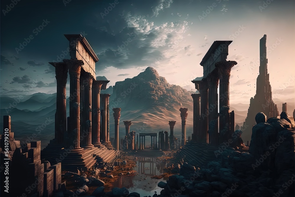 Poster a futuristic city with columns and a mountain in the background with clouds and sun shining through 