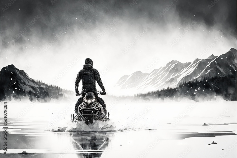 Poster a person riding a snowmobile across a lake in the snow with mountains in the background and fog in t