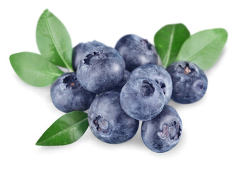 Blueberries with leaves on white background