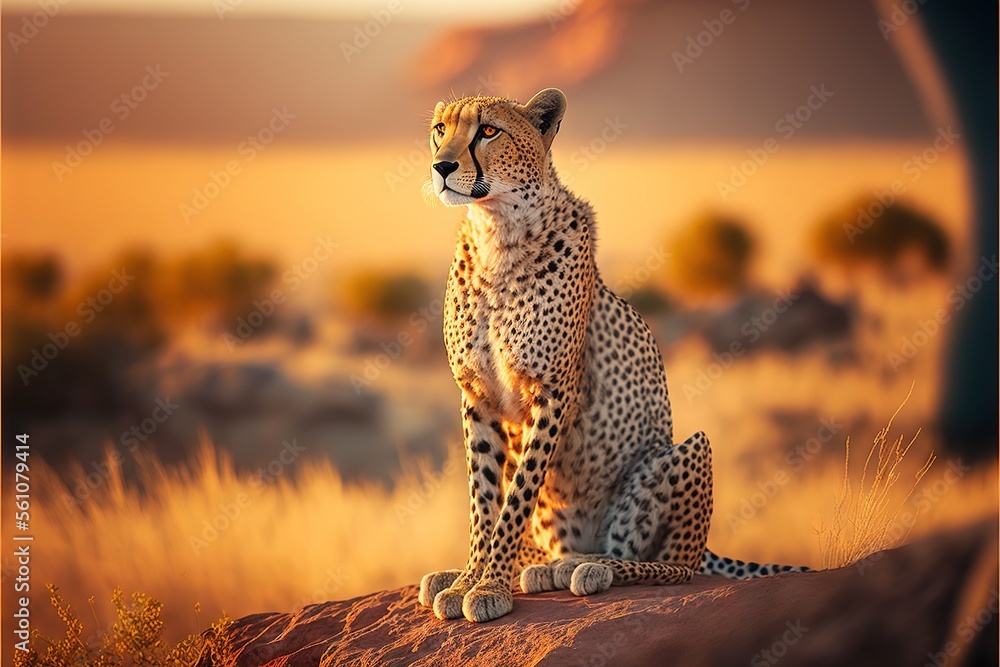 Poster a cheetah sitting on a rock in the desert at sunset with a view of the plains in the background and 