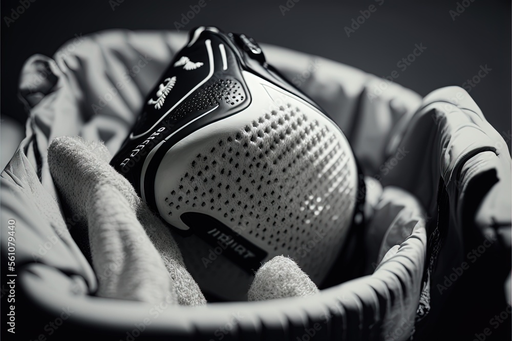 Poster a close up of a shoe in a basket on a bed with a blanket on it and a towel on the floor next to it a