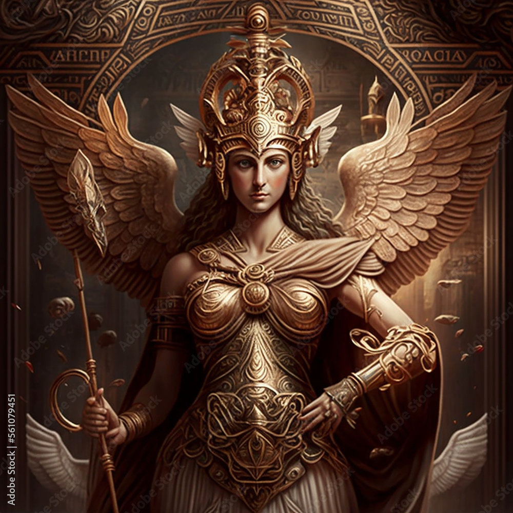 Poster Greek mythology - ancient greek goddess Athena. Created with Generative AI technology.