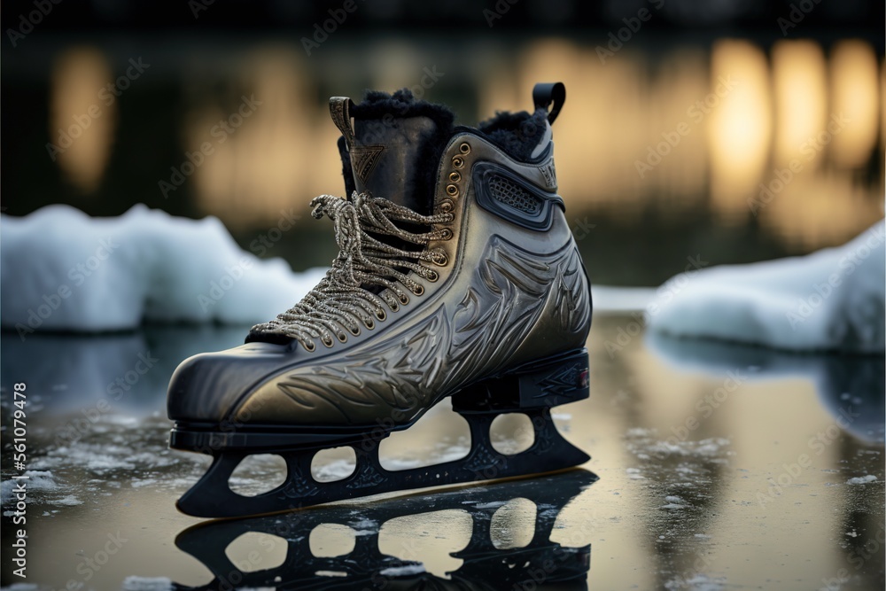 Poster a pair of ice skates sitting on top of ice floese in front of a lake and ice floese covered with ice