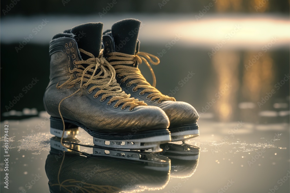 Poster a pair of ice skates sitting on top of a reflective surface with water in the background and a refle