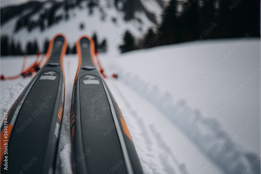 Poster a pair of skis sitting in the snow on a slope with trees in the background and a sled in the foregro