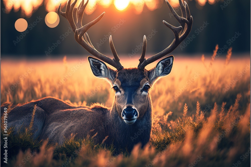 Aufkleber a deer with antlers is sitting in a field of tall grass at sunset with the sun shining behind it and