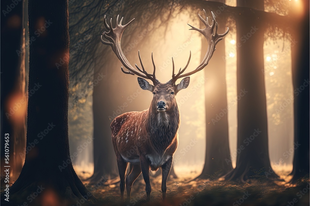 Poster a deer standing in a forest with trees in the background and sunlight shining through the trees on t