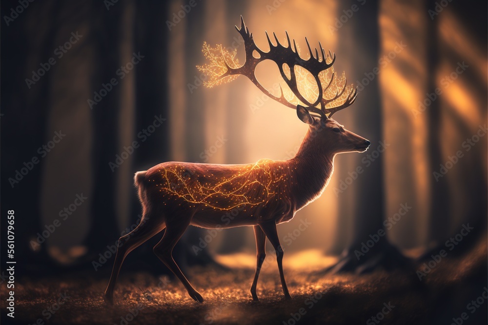 Poster a deer with a glowing antlers on its head in a forest at night with light coming from the trees and 