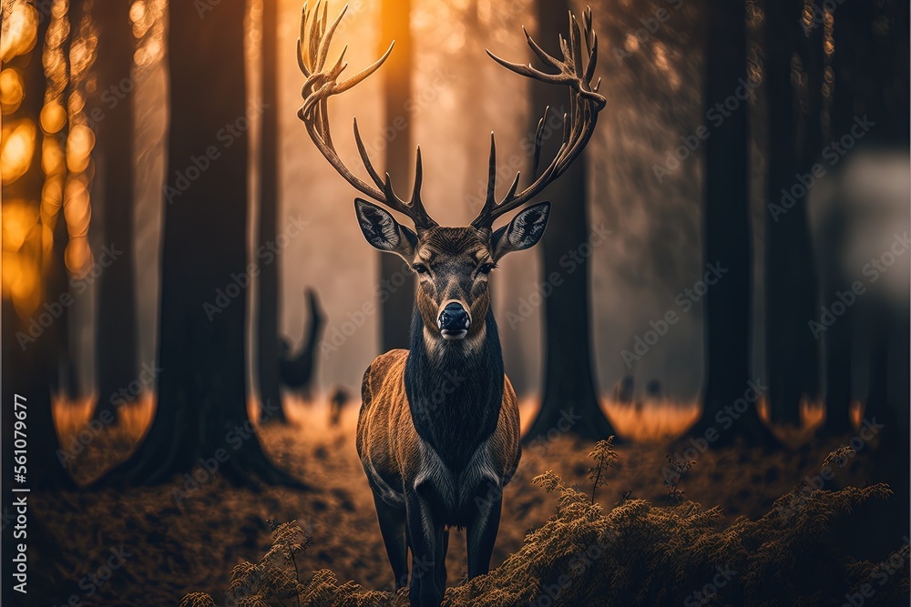 Poster a deer standing in a forest with trees and grass in the background and a sun shining through the tre