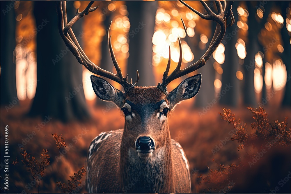 Poster a deer with antlers standing in a forest with trees and grass in the background and a sunbeam in the