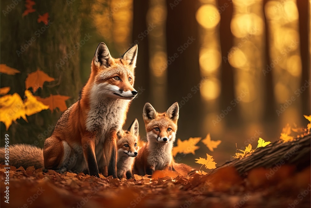 Poster a group of foxes standing in a forest with leaves on the ground and trees in the background with yel