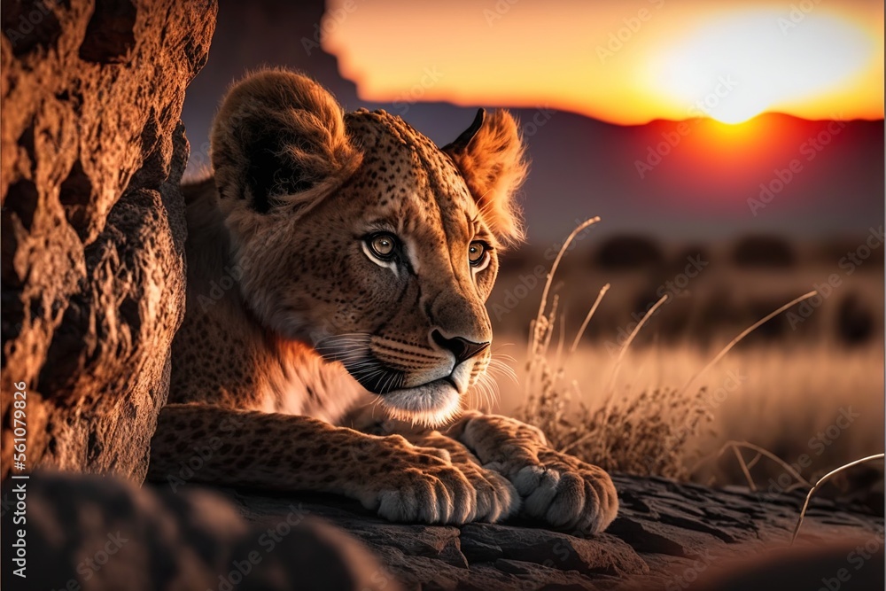 Poster a cheetah sitting on a rock in the sunset with a sunset in the background and a mountain in the dist