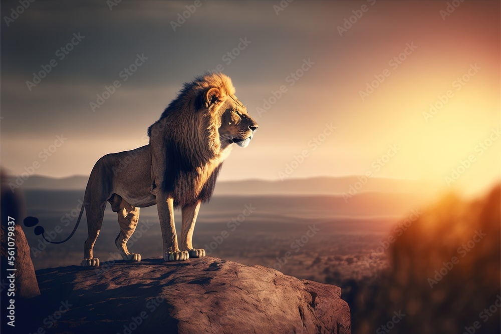 Poster a lion standing on a rock in the middle of a desert area with a sunset in the background and a mount