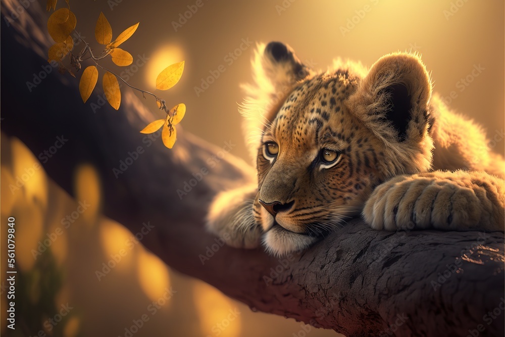 Poster a leopard resting on a branch with yellow flowers in the background and a blurry image of a tree bra