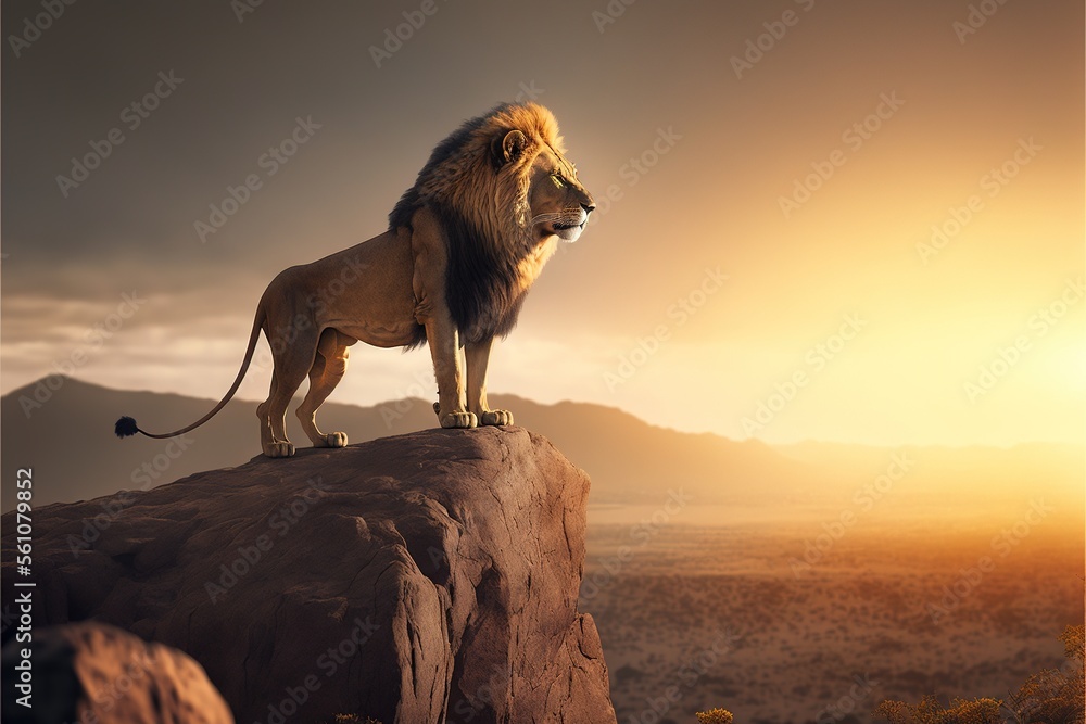 Poster a lion standing on a rock in the middle of a desert area with mountains in the background and a suns