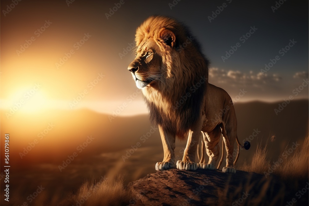 Poster a lion standing on a rock in the middle of a field at sunset with the sun behind it and a mountain i
