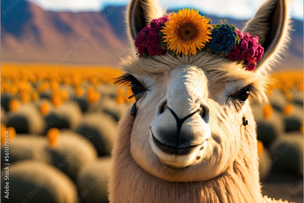 Poster a llama with a flower crown on its head in a field of sunflowers in the background is a mountain ran