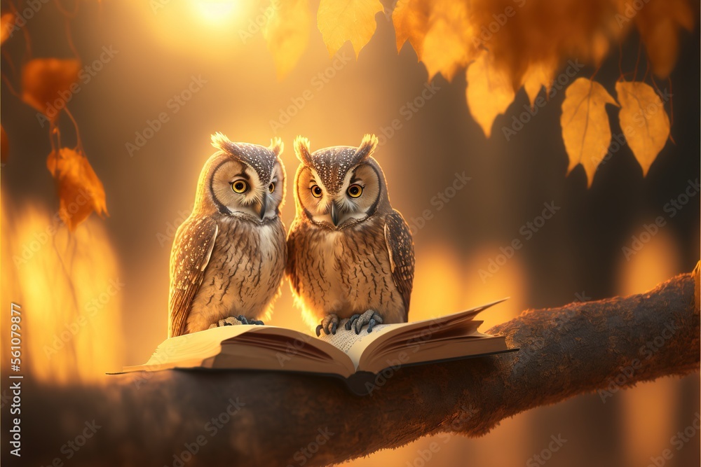 Poster two owls sitting on a branch with a book open in front of them, with a bright background of leaves a