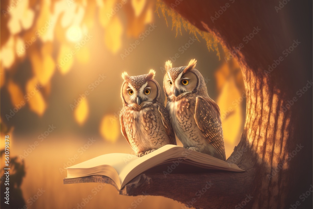 Poster two owls sitting on a book in a tree with a sun shining behind them and a blurry background behind t