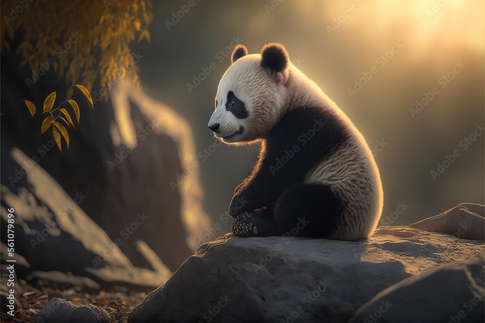 Aufkleber a panda bear sitting on a rock in the sun light with a tree in the background and a rock in the fore