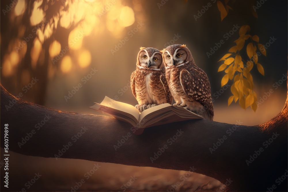 Poster two owls sitting on a branch reading a book in the forest at night time with the sun shining through