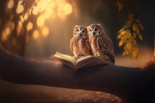  Two Owls Sitting On A Branch Reading A Book In The Forest At Night Time With The Sun Shining Through The Trees Behind Them And A Yellow Glow Behind Them, With A Soft Light From.