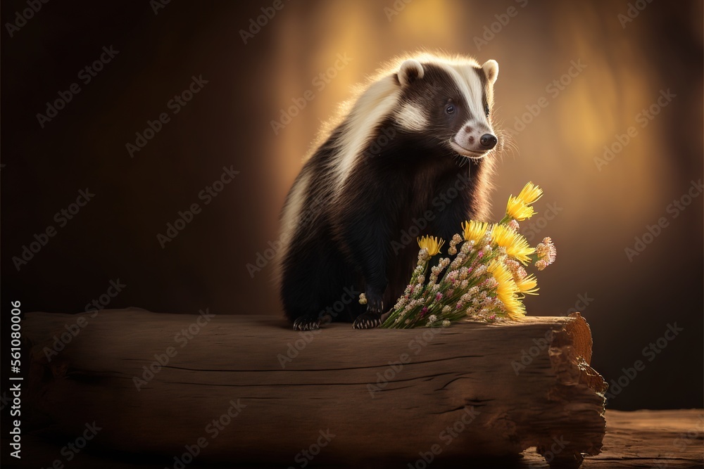 Poster a badger standing on a log with flowers in front of it and a dark background behind it, with a light