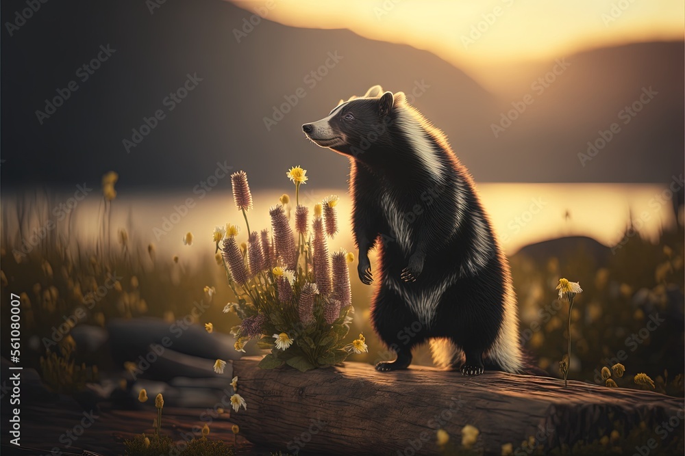 Poster a painting of a badger standing on a log in a field of flowers and plants with a lake in the backgro