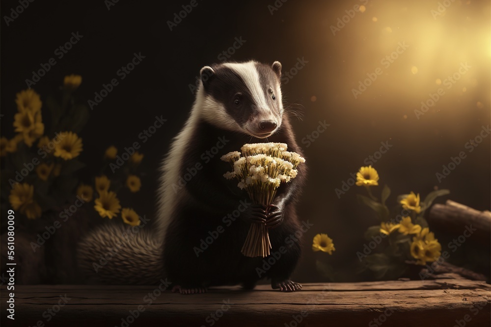 Poster a badger is holding a bunch of flowers in its paws and looking at the camera with a dark background 