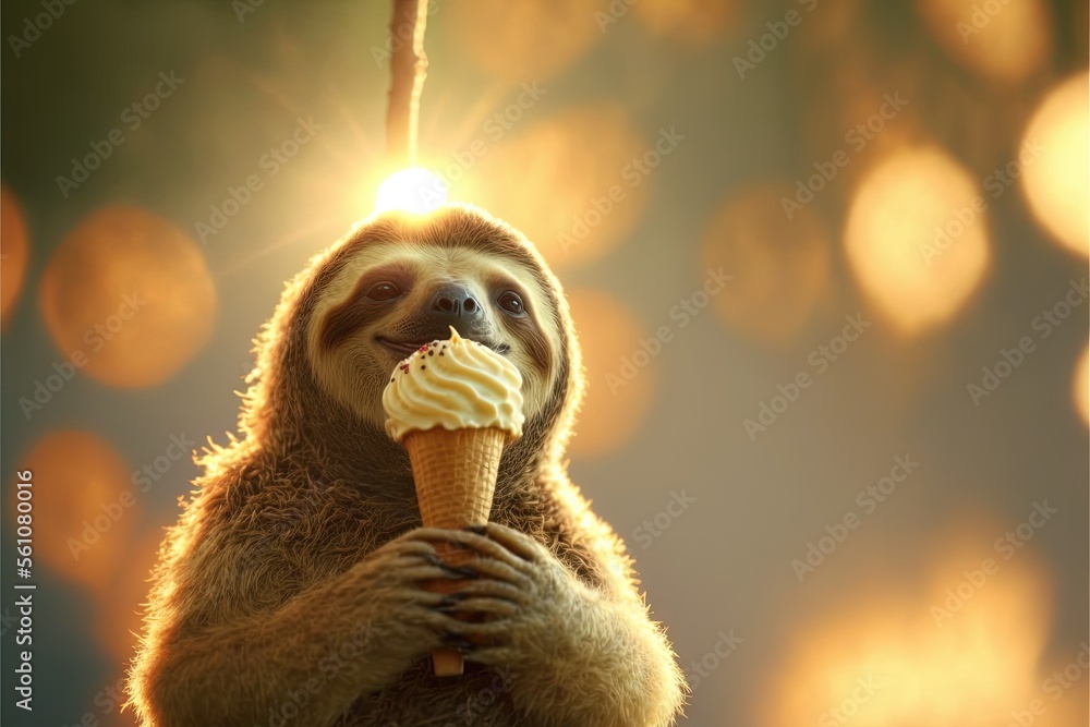 Aufkleber a sloth eating an ice cream cone with a light shining on it's back and its face glowing from the sun