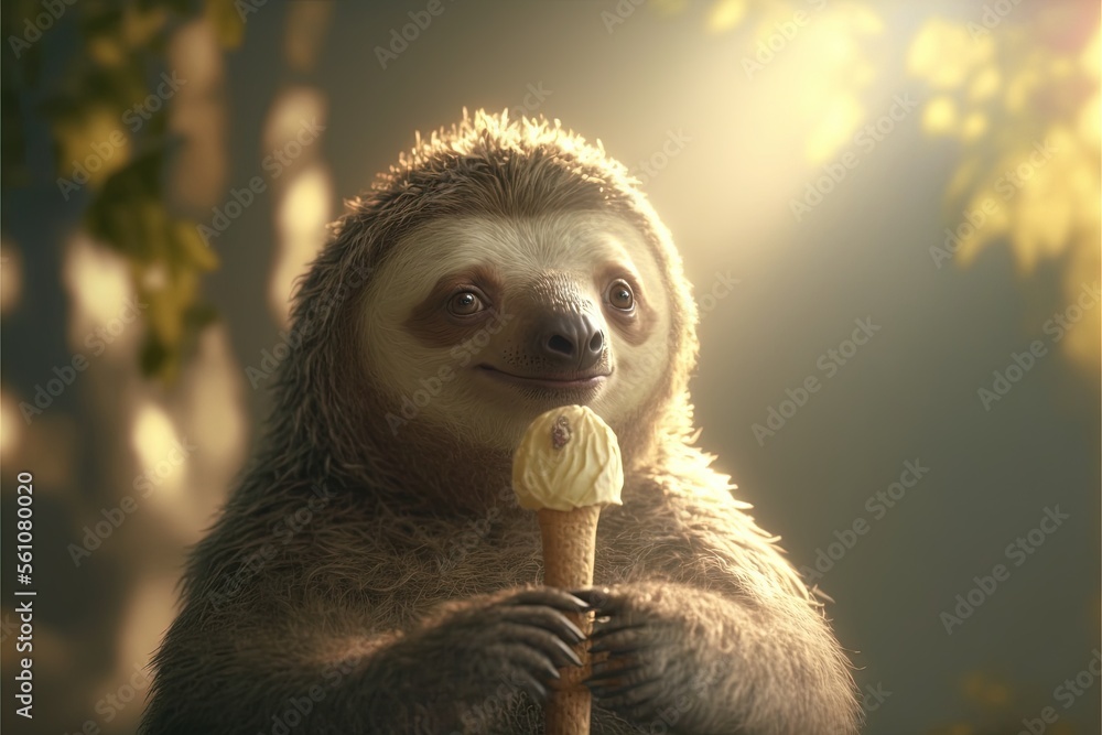 Poster a sloth holding a banana and a stick in its mouth with a light shining on it's face and a tree in th