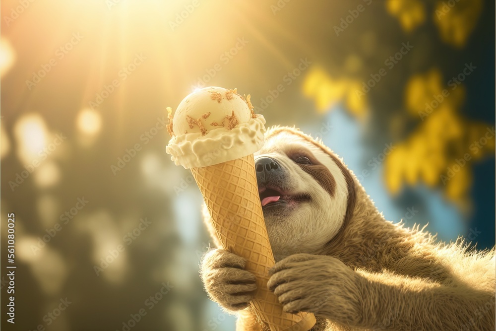 Poster a sloth holding an ice cream cone in its mouth and smiling at the camera with the sun shining behind