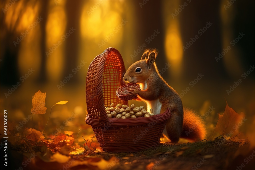 Poster a squirrel is sitting in a basket with nuts in it and a squirrel is standing next to it and looking 