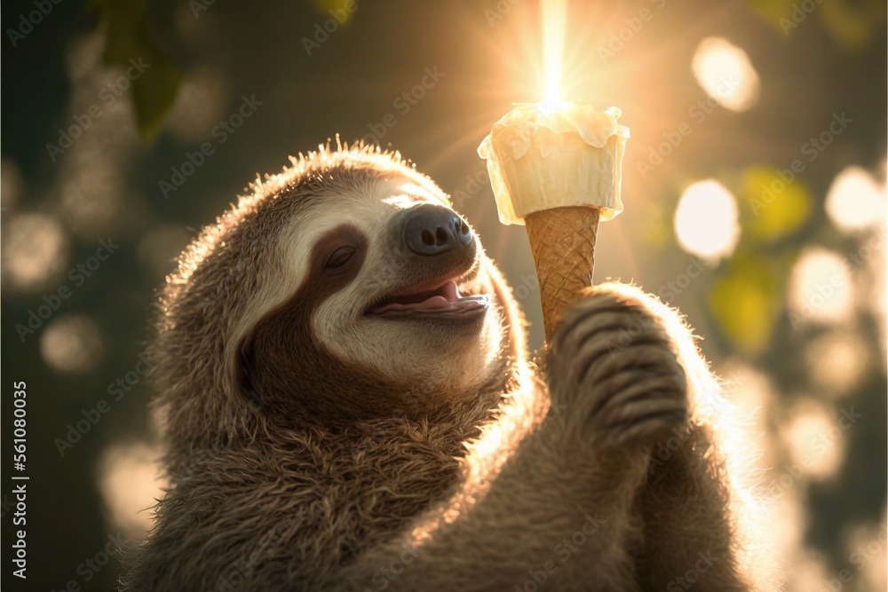 Aufkleber a sloth holding a cupcake in its mouth and smiling at the camera with the sun shining through the le