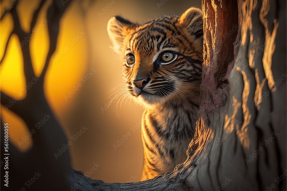 Poster a young tiger cub peering out from behind a tree trunk at sunset or dawn with a yellow light in the 