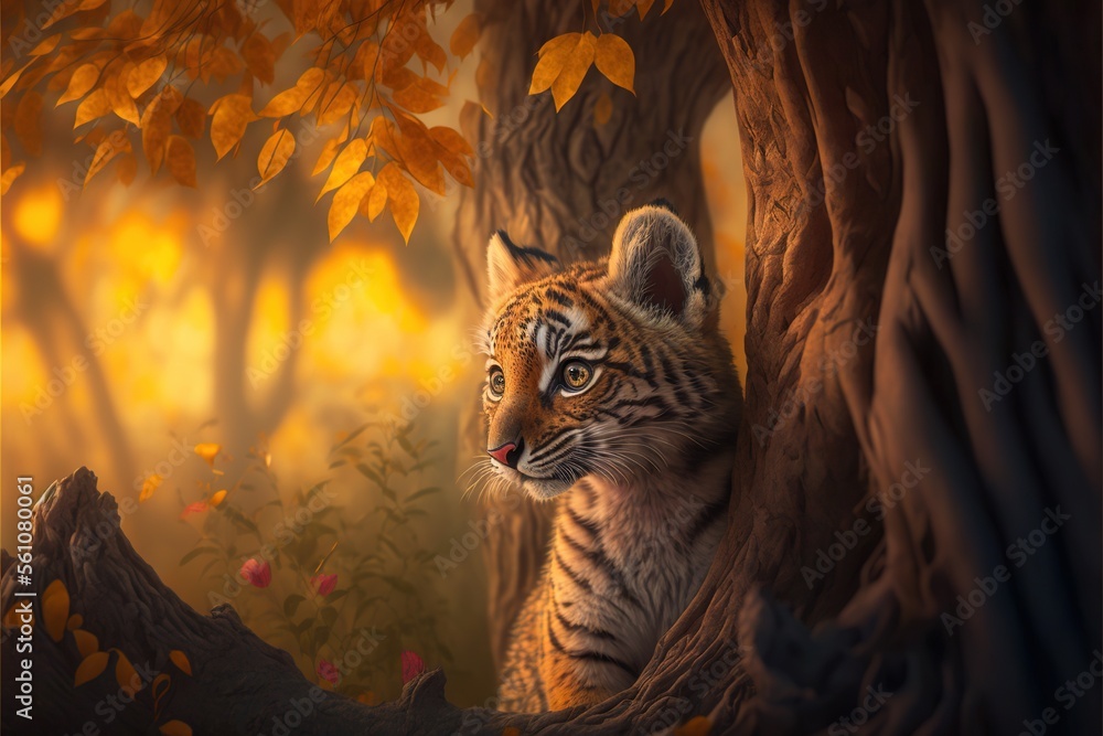 Poster a tiger cub is hiding behind a tree in a forest with fall leaves and flowers on the ground and a yel