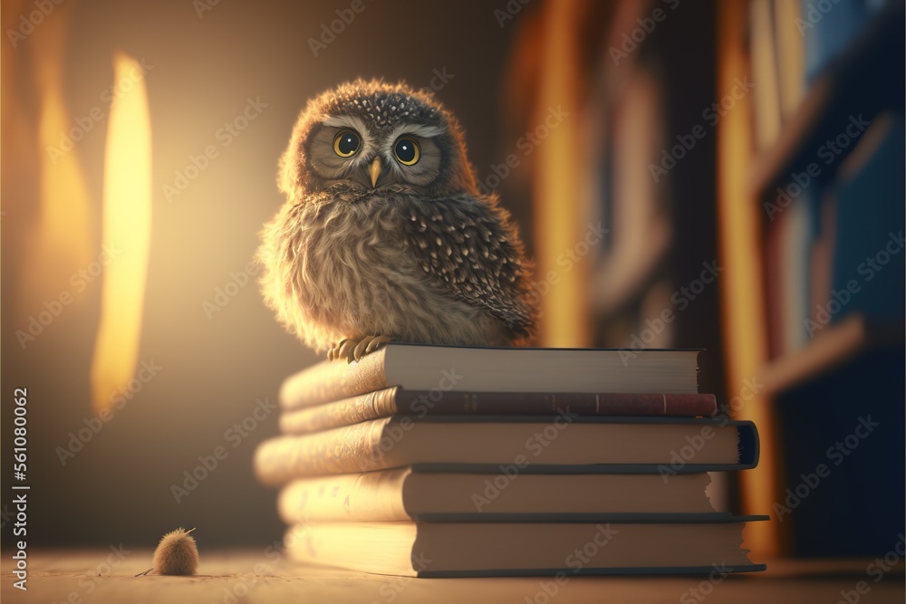 Poster a small owl sitting on top of a pile of books next to a mouse on a table next to a book shelf with b