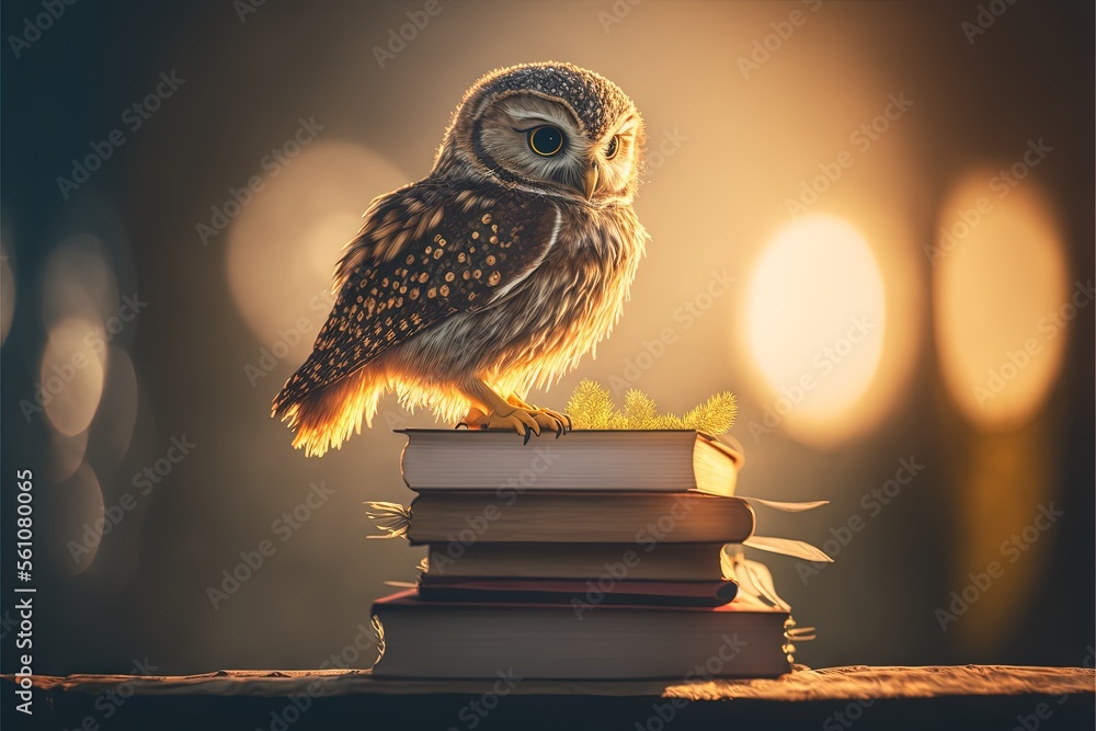 Poster a owl sitting on top of a stack of books on a table next to a light bulb and a stack of books on a t
